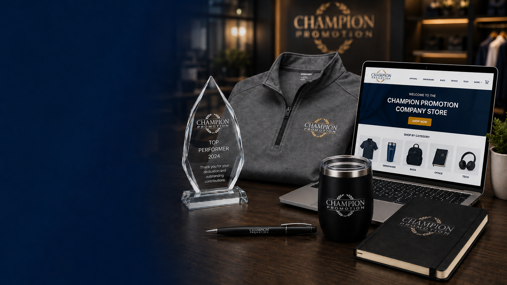 Branded promotional products, custom apparel, awards and online company store solutions from Champion Promotion