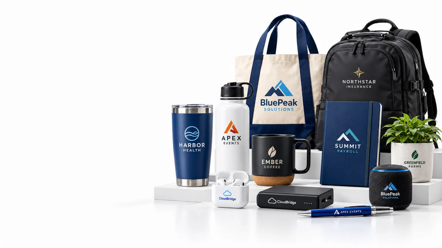 Branded tumbler, water bottle, tote, backpack, mug, journal, earbuds, power bank, speaker and pen