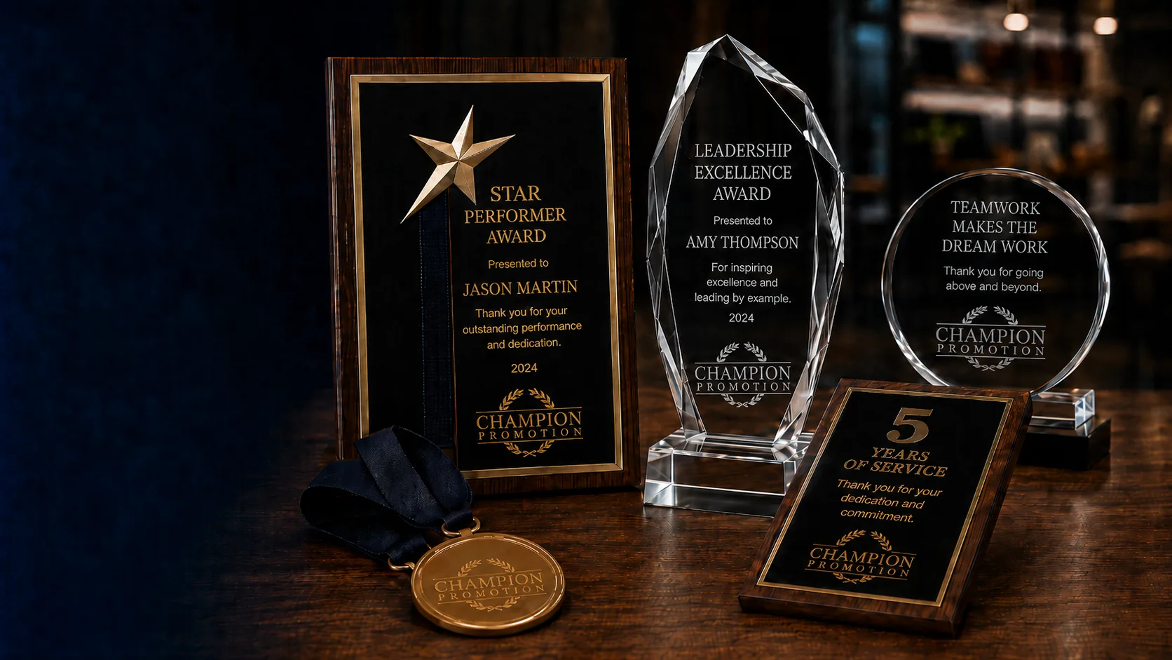 Custom crystal awards, plaques, medals, and employee recognition pieces engraved by Champion Promotion in Memphis