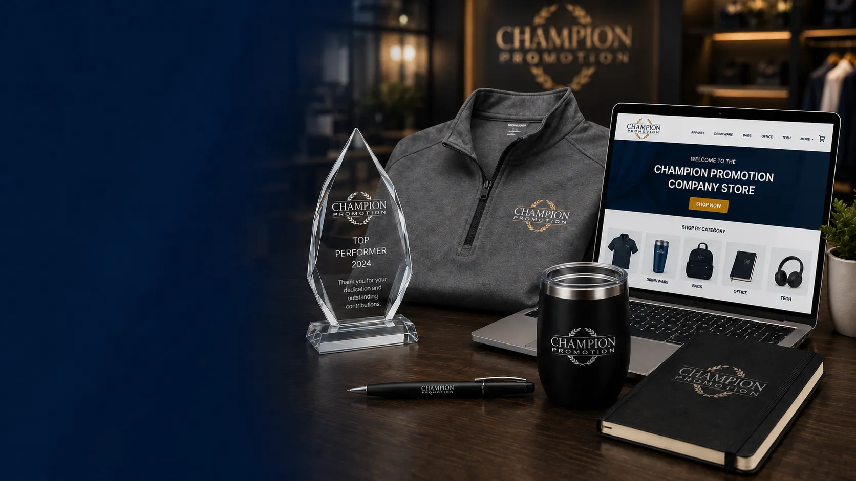 Branded promotional products, custom apparel, awards and online company store solutions from Champion Promotion